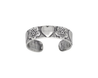 Sterling Silver .925 Hearts and Flowers Toe Ring adjustable size | Made In USA