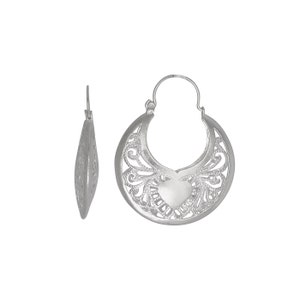 Sterling Silver .925 Heart, Filigree Design Basket Earring (L) | Made in USA