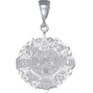 Sterling Silver Aztec Calendar Mayan Sun Charm Pendant Necklace 1.9 Inches 9 Grams with Diamond Cut Finish and 24 Inch Figaro Chain