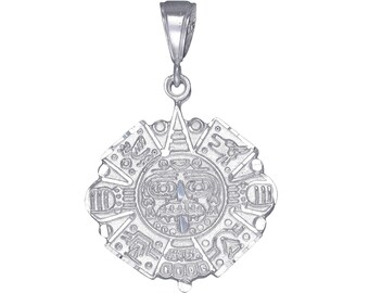Sterling Silber aztekischen Kalender Maya-Sun-Charm Halskette 1,9 Zoll 9 Gramm mit Schnitt Diamant-Finish und 24-Zoll-Figaro-Kette