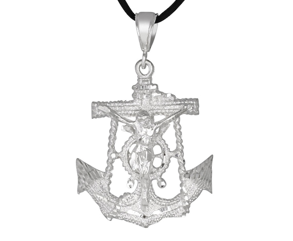 Sterling Silver Anchor Cross with Jesus Charm Pendant Necklace with Diamond Cuts