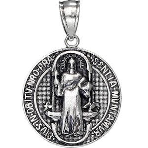 Sterling Silver Saint Benedict Medal Reversible Charm Pendant Necklace 1 Inch 1.6 Grams with Antique Oxidized Finish and Chain