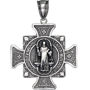 Sterling Silver Saint Benedict Key Reversible Charm Pendant Necklace 1.3 Inch 2.5 Grams with Antique Oxidized Finish and Chain
