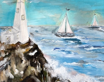 Perfect Wall Art Gift on Canvas Handmade Ocean Lighthouse Seascape Acrylic Painting Coastal Nautical Home Decor Original Maritime Wall Art