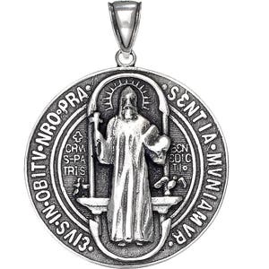 Large Sterling Silver Saint Benedict Medal Reversible Charm Pendant Necklace 2 Inches 12 Gram with Antique Oxidized Finish and 24 Inch Chain