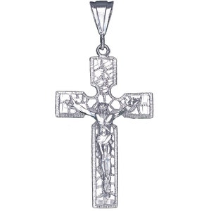 Sterling Silver Nugget Cross with Jesus Pendant Necklace 2.8 Inches 9.5 Grams with Diamond Cut Finish and 24 Inch Figaro Chain