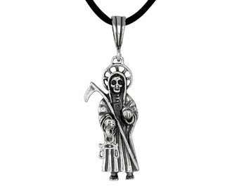 Plata de Ley .925 Santa Muerte "Nuestra Señora de la Santa Muerte" Colgante de encanto, oxidado / hecho en EE.UU.