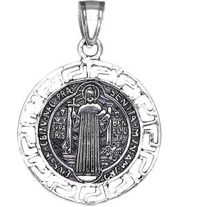 Sterling Silver Saint Benedict Medal Reversible Charm Pendant Necklace 1.1 Inch 1.6 Grams with Antique Oxidized Finish and Chain