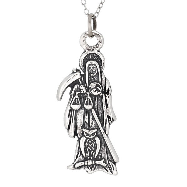 Sterling Silver .925 Santa Muerte "Our Lady of the Holy Death" Charm Pendant, Oxidized | Made in USA