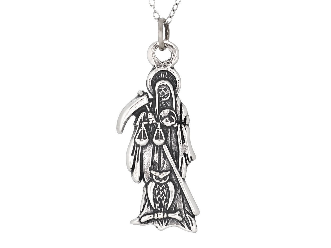 Sterling Silver .925 Santa Muerte "Our Lady of the Holy Death" Charm Pendant, Oxidized | Made in USA