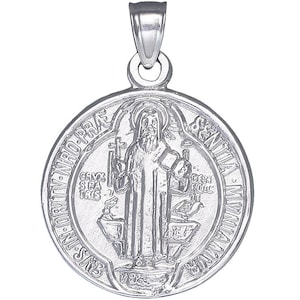 Sterling Silver Saint Benedict Medal Reversible Charm Pendant Necklace 1.1 Inches 3.5 Grams with High Polish Finish and Chain