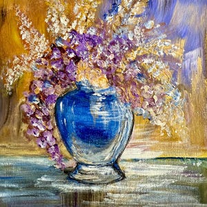 Original Hand-Painted Acrylic Floral Art on Canvas, Violet and Gold Flowers in Blue Vase. Elegant Home Decor-size 8x10