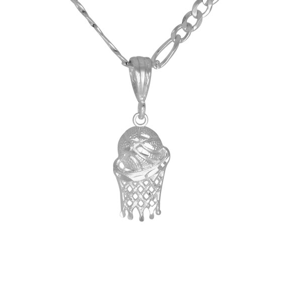 Basketball and Net Diamond Cut Charm Pendant Necklace Sterling Silver  Made in USA