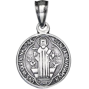 Sterling Silver Saint Benedict Medal Reversible Charm Pendant Necklace 17 mm 1.1 Grams with Antique Oxidized Finish and Chain