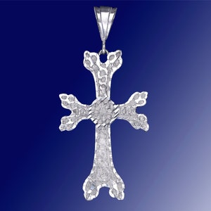 Large Sterling Silver Armenian Cross Pendant Necklace 2.6 Inches 11.5 Grams with Diamond Cut Finish and 24 Inch Figaro Chain