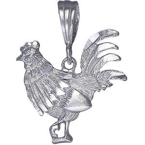 Sterling Silver Rooster Charm Pendant Necklace 1.1 Inches 2.4 Grams with Diamond Cut Finish and 24 Inch Figaro Chain