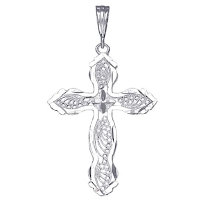 Sterling Silver Cross without Jesus Pendant Necklace 2 Inches 4.1 Grams with Diamond Cut Finish and 24 Inch Figaro Chain