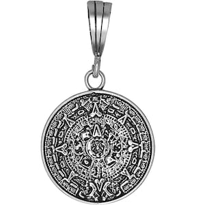 Sterling Silver Aztec Calendar Charm Pendant Necklace 1.3 Inches 3 Grams with Antique Oxidized Finish and Chain