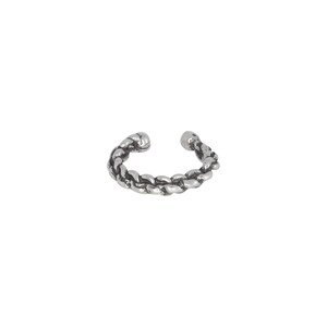 May include: Silver braided ear cuff. The cuff is made of a thick, twisted wire that forms a circle.