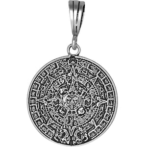 Sterling Silver Aztec Calendar Mayan Sun Charm Pendant Necklace 1.5 Inches 4 Grams with Antique Oxidized Finish and Chain