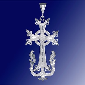 Large Sterling Silver Armenian Cross Pendant Necklace 3.5 Inches 12 Grams with Diamond Cut Finish and 24 Inch Figaro Chain