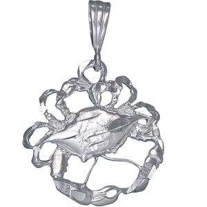 Sterling Silver Crab Charm Pendant Necklace 1.4 Inches 3.3 Grams with Diamond Cut Finish and 24 Inch Figaro Chain