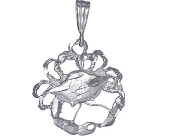 Sterling Silver Crab Charm Pendant Necklace 1.4 Inches 3.3 Grams with Diamond Cut Finish and 24 Inch Figaro Chain