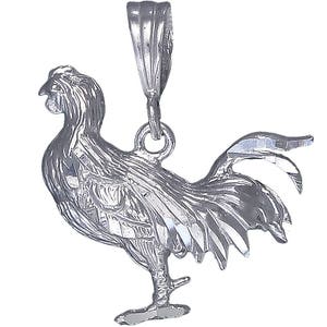 Sterling Silver Rooster Charm Pendant Necklace 1.1 Inches 2.4 Grams with Diamond Cut Finish and 24 Inch Figaro Chain