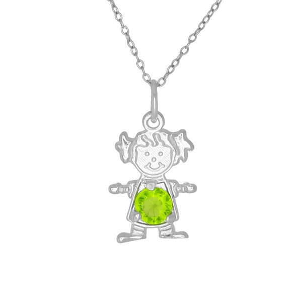 Sterling Silver .925 Happy Baby Girl with Birthstone August / Peridot, Cubic Zirconia Stone. Charm Pendant Necklace | Made in USA