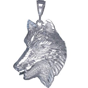 Large Sterling Silver Wolf Charm Pendant Necklace 2.1 Inches 9 Grams with Diamond Cut Finish and 24 Inch Figaro Chain
