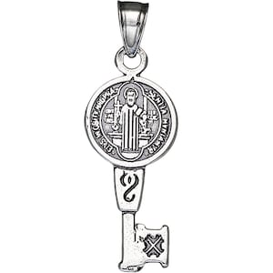 Sterling Silver Saint Benedict Key Medal Reversible Charm Pendant Necklace 1.25 Inch 1.2 Grams with Antique Oxidized Finish and Chain