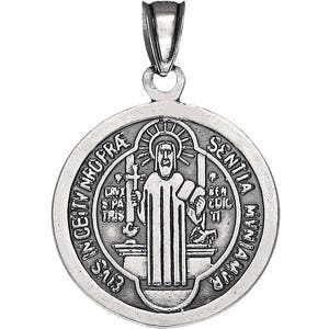 Sterling Silver Saint Benedict Medal Reversible Charm Pendant Necklace 1.1 Inch 2.7 Grams with Antique Oxidized Finish and Chain