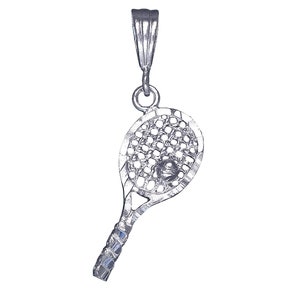 Sterling Silver Tennis Racket Charm Pendant Necklace 1.5 Inches 2.2 Grams with Diamond Cut Finish and 18 Inch Rolo Chain