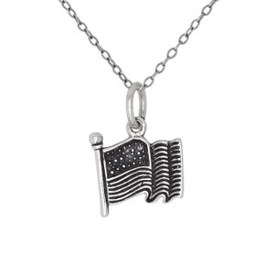 Sterling Silver .925 USA Flag Charm Pendant Necklace Oxidized | Made in USA