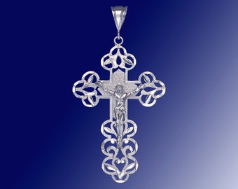 Gran cruz de plata de ley con collar colgante de Jesús con acabado de corte de diamante
