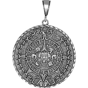 Large Heavy Sterling Silver Aztec Calendar Charm Pendant Necklace 2.3 Inches 16 Grams with Antique Oxidized Finish and 24 Inch Figaro Chain