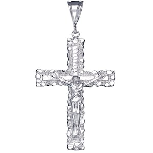 Sterling Silver Nugget Cross with Jesus Pendant Necklace 3 Inches 12 Grams with Diamond Cut Finish and 24 Inch Figaro Chain