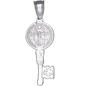 Sterling Silver Saint Benedict Key Medal Reversible Charm Pendant Necklace 1.1 Inches 0.8 Grams with High Polish Finish and Chain