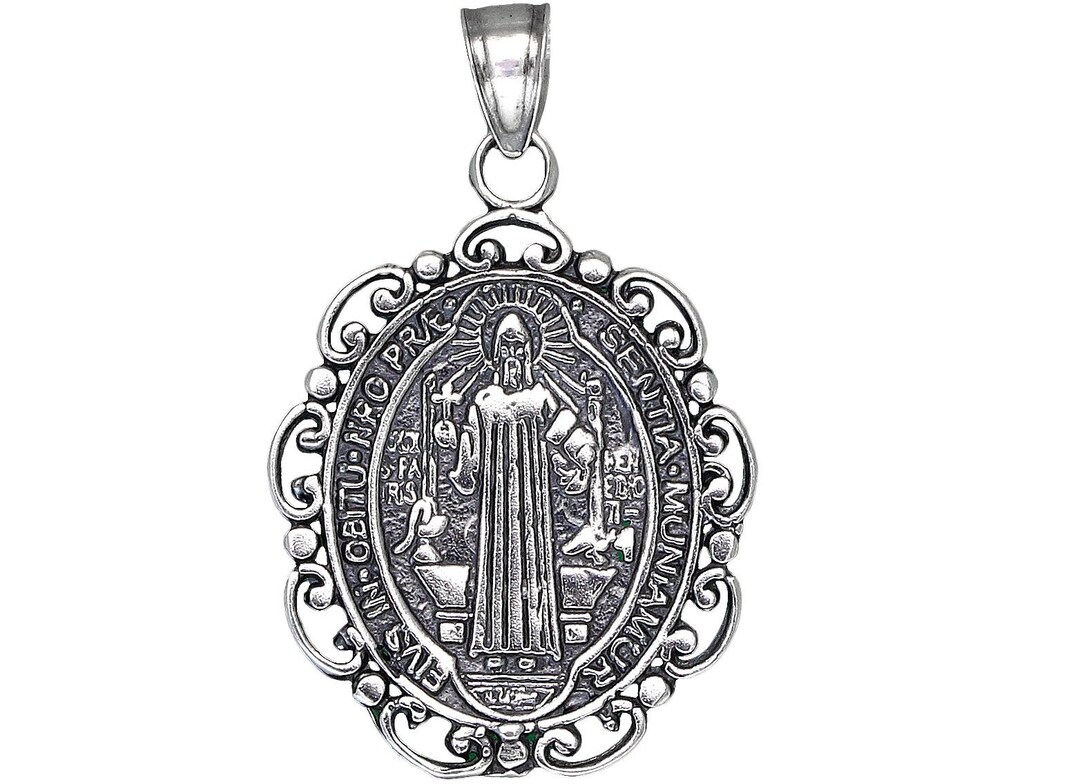 Sterling Silver Saint Benedict Medal Reversible Charm Pendant Necklace ...