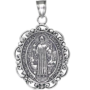 Sterling Silver Saint Benedict Medal Reversible Charm Pendant Necklace 1.25 Inch 2.2 Grams with Antique Oxidized Finish and Chain