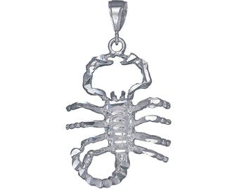 Sterling Silver Scorpion Charm Pendant Necklace 2.4 Inches 10 Grams with Diamond Cut Finish and 24 Inch Figaro Chain