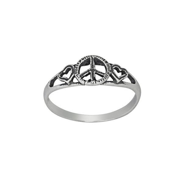 Sterling Silver .925 Peace Sign Ring with Hearts on Each Side, Oxidized, Sizes 4-10 Also 1/2 Sizes are Available| Made in USA