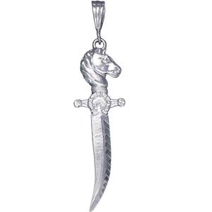 Sterling Silver Sword with Horse Head Hilt Charm Pendant Necklace 2.4 Inches 3.5 Grams with Diamond Cut Finish and 24 Inch Figaro Chain
