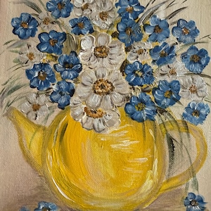 Perfect Housewarming Gift Original Acrylic Canvas Handcrafted Painting Blue Flowers & Yellow Teapot Bright Kitchen Wall Art Size-8x10 inches