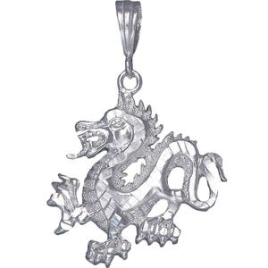 Sterling Silver Dragon Charm Pendant Necklace 1.6 Inches 4 Grams with Diamond Cut Finish and 24 Inch Figaro Chain