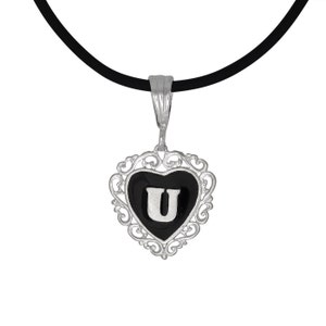 Sterling Silver .925 "U" Initial Heart Shaped Pendant with Black Enamel | Made in USA