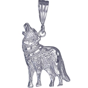 Sterling Silver Howling Wolf Charm Pendant Necklace 1.3 Inches 2.5 Grams with Diamond Cut Finish and 24 Inch Figaro Chain