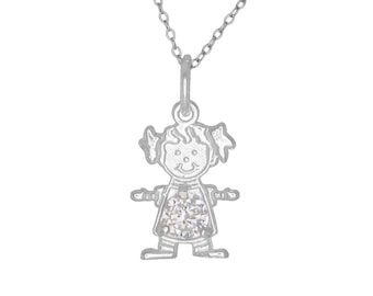 Sterling Silver .925 Happy Baby Girl with Birthstone April / Diamond, Cubic Zirconia Stone. Charm Pendant Necklace | Made in USA