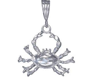 Sterling Silver Crab Charm Pendant Necklace 1.3 Inches 3.8 Grams with Diamond Cut Finish and 24 Inch Figaro Chain