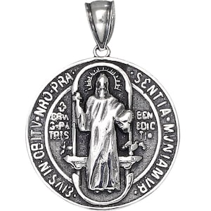 Sterling Silver Saint Benedict Medal Reversible Charm Pendant Necklace 1.25 Inches 3.5 Grams with Antique Oxidized Finish and Chain
